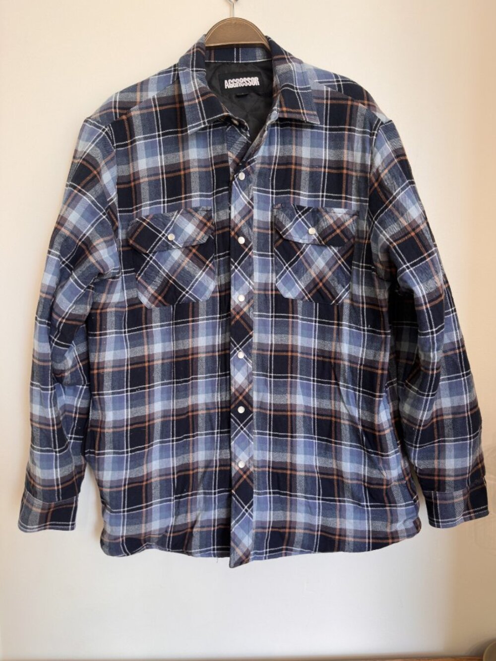 AGGRESSOR MEN'S LARGE BLUE PLAID LIGHT JACKET PEARL SNAPS SIZE LARGE